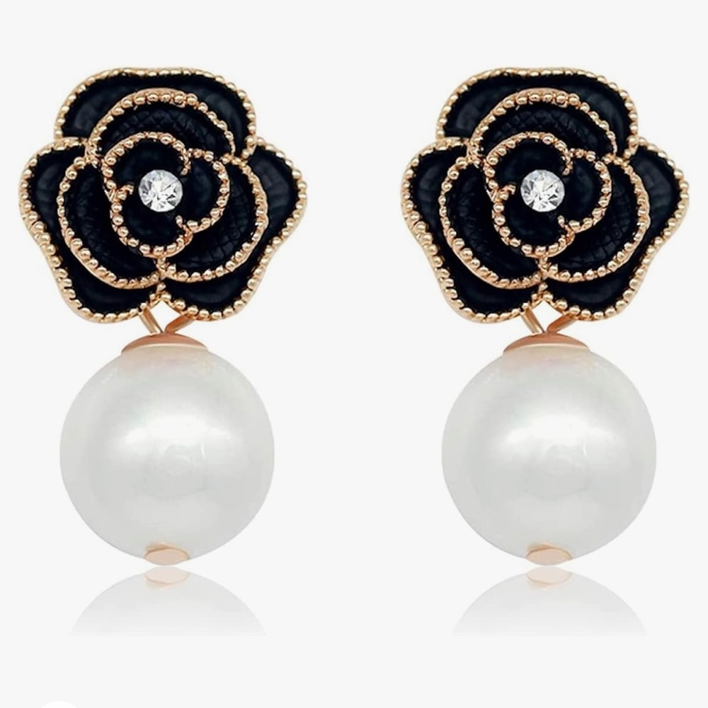 NWT Faux Pearl Charm Flower Dangle Drop Earrings Studs For Women, BLACK OR WHITE